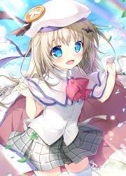 Rule 34 | 1girl, absurdres, bat hair ornament, blue eyes, bow, cape, commentary request, cowboy shot, dress shirt, fang, grey skirt, hair ornament, hat, highres, kud wafter, large buttons, little busters!, long hair, looking at viewer, mikeou, noumi kudryavka, pink bow, plaid, plaid skirt, pleated skirt, ribbon-trimmed thighhighs, ribbon trim, school uniform, shirt, silver hair, skirt, solo, thighhighs, white cape, white hat, white shirt, white thighhighs