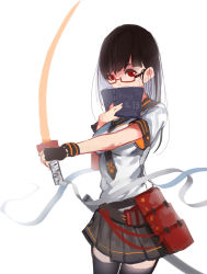 Rule 34 | 1girl, bad id, bad pixiv id, black hair, black skirt, black thighhighs, book, breasts, covering own mouth, fingerless gloves, glasses, gloves, highres, katana, long hair, looking at viewer, medium breasts, necktie, original, pleated skirt, red eyes, school uniform, serafuku, simple background, sketch, skirt, solo, sword, thighhighs, weapon, white background, xiaoshou xiansheng