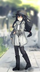 Rule 34 | 10s, 1girl, artist name, black footwear, black hair, blurry, boots, brown eyes, casual, coat, contemporary, dated, depth of field, dress, flat cap, full body, hair between eyes, hair ornament, hairclip, hat, hatsushimo (kancolle), kantai collection, knee boots, lansane, long hair, long sleeves, looking at viewer, open clothes, open coat, pantyhose, scarf, sidelocks, sidewalk, smile, solo, white dress, winter clothes, winter coat