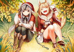 Rule 34 | 2girls, :d, ^ ^, animal ears, blonde hair, closed eyes, closed eyes, fire emblem, fire emblem fates, fox ears, from above, gloves, grass, grey hair, hood, leaf, multiple girls, nintendo, official art, on ground, open mouth, red eyes, selkie (fire emblem), sitting, smile, branch, velouria (fire emblem), wolf ears