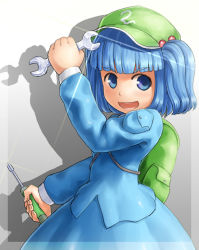 Rule 34 | 1girl, backpack, bag, blue eyes, blue hair, blush, female focus, hair bobbles, hair ornament, hat, holding, holding screwdriver, kawashiro nitori, key, matching hair/eyes, monosenbei, open mouth, screwdriver, short hair, short twintails, skirt, smile, solo, touhou, twintails, two side up, wrench