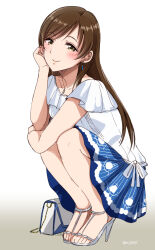 Rule 34 | 1girl, bag, blue skirt, blush, bow, breasts, brown eyes, brown hair, closed mouth, collarbone, earrings, full body, gen (enji), grey footwear, hand on own face, head rest, high heels, idolmaster, idolmaster cinderella girls, idolmaster cinderella girls starlight stage, jewelry, long hair, looking at viewer, medium breasts, necklace, nitta minami, shirt, short sleeves, skirt, smile, solo, squatting, striped clothes, striped skirt, toes, twitter username, vertical-striped clothes, vertical-striped skirt, white background, white bow, white shirt