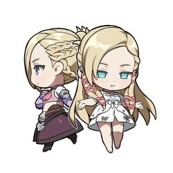 Rule 34 | 2girls, barefoot, belt, black footwear, blonde hair, blue eyes, boots, bow, braid, brown collar, chibi, chinese commentary, collar, commentary request, cropped jacket, dot nose, dress, dress bow, dual persona, empty eyes, final fantasy, final fantasy xiv, from side, full body, hair bun, hair ribbon, half updo, hand on own chest, hyur, long hair, looking ahead, minfilia warde, multiple girls, outline, outstretched arms, profile, purple skirt, ribbon, short hair, short sleeves, side braids, simple background, single hair bun, skirt, smile, spread arms, swept bangs, wading, white background, white dress, white outline, wuliu heihuo