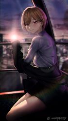 Rule 34 | 1girl, absurdres, artist name, backlighting, bag, blonde hair, commission, handbag, highres, idolmaster, idolmaster shiny colors, looking at viewer, out type (outtypeex), rooftop, saijo juri, seiza, short hair, sitting, skeb commission, smile, solo