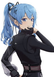 Rule 34 | 1girl, absurdres, amagu vocadoro, black gloves, black jacket, blue eyes, blue hair, earrings, from behind, gloves, grin, hair between eyes, half gloves, hand on own hip, highres, hololive, hoshimachi suisei, hoshimachi suisei (shout in crisis), jacket, jewelry, long hair, long sleeves, looking at viewer, looking back, ponytail, simple background, smile, solo, upper body, virtual youtuber, white background