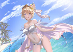 Rule 34 | 1girl, :d, absurdres, alulunkiruto, bikini, blonde hair, blue eyes, blue sky, breasts, cape, cleavage, cloud, collarbone, day, diadem, dutch angle, europa (granblue fantasy), europa (summer) (granblue fantasy), granblue fantasy, hair between eyes, highres, looking at viewer, medium breasts, ocean, off shoulder, open mouth, outdoors, palm tree, short hair, sky, smile, solo, star (symbol), strapless, strapless bikini, summer, swimsuit, tree, white bikini, white cape