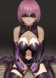 Rule 34 | 1girl, belt, belt buckle, black belt, black footwear, black leotard, blindfold, boots, breasts, buckle, chain, cleavage, cleavage cutout, clothing cutout, covered erect nipples, elbow gloves, facing viewer, fate/grand order, fate (series), gloves, grey background, hair between eyes, hakaba (dairiseki), high heel boots, high heels, highres, large breasts, leotard, mash kyrielight, mask, medium breasts, midriff, navel, navel cutout, open mouth, pink hair, restrained, shiny clothes, shiny skin, short hair, sitting, solo, stomach, thigh boots, thighhighs, wariza