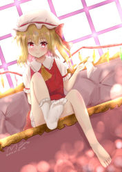 Rule 34 | artist name, artist request, barefoot, blonde hair, blush, bow, child, couch, crystal, dated, dress, flandre scarlet, foot up, hair bow, hair ornament, hat, holding, lens flare, looking at viewer, mob cap, neckwear request, red dress, red eyes, red skirt, sitting, skirt, smile, socks, sunlight, convenient skirt, touhou, window, wings, yellow neckwear