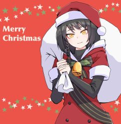 Rule 34 | 1girl, bell, black shirt, braid, brown hair, caws (120 winter gifts) (girls&#039; frontline), caws (girls&#039; frontline), christmas, coat, commentary request, girls&#039; frontline, hat, highres, holding, holding sack, long hair, long sleeves, looking at viewer, official alternate costume, red background, red coat, sack, santa costume, santa hat, shirt, side braid, smile, solo, star (symbol), upper body, yellow eyes, zukzuk13