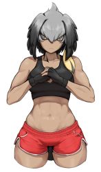 Rule 34 | 1girl, abs, alternate costume, asura senki, bare arms, bare shoulders, biceps, black gloves, black hair, black sports bra, blonde hair, clenched hand, closed mouth, collarbone, cowboy shot, cracking knuckles, cropped legs, dark-skinned female, dark skin, dolphin shorts, eyeliner, fingerless gloves, fist in hand, frown, glaring, gloves, grey hair, gym shorts, hair between eyes, hair intakes, hands up, highres, kemono friends, long hair, looking at viewer, low ponytail, makeup, midriff, multicolored hair, muscular, muscular female, navel, own hands together, pocket, red shorts, shoebill (kemono friends), short shorts, shorts, side ponytail, simple background, solo, sports bra, sportswear, stomach, thigh gap, thighs, toned, white background, wide hips, yellow eyes