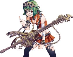 Rule 34 | 1girl, bandages, belt, bracelet, brown eyes, chain, eyepatch, goggles, goggles on head, green hair, guitar, gumi, headphones, hose, instrument, jewelry, leather, miniskirt, ring, short hair, skirt, smile, solo, steampunk, torigoe takumi, transparent background, vocaloid