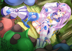 Rule 34 | 1girl, ;o, absurdres, arm behind head, ass, blush, boots, choker, d-pad, d-pad hair ornament, day, dogoo, dress, forest, hair between eyes, hair ornament, highres, knees together feet apart, knees up, moeufocatcher, nature, neckerchief, nepgear, neptune (series), on ground, one eye closed, outdoors, panties, pantyshot, purple eyes, purple hair, sailor collar, sailor dress, sitting, slime (creature), slime (substance), striped clothes, striped panties, striped thighhighs, thighhighs, underwear, yellow neckerchief