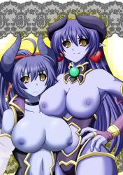 Rule 34 | 2girls, age difference, asmodeus (shinrabanshou), astaroth (shinrabanshou), bare shoulders, blue hair, blue skin, breasts, breasts out, colored skin, demon, demon girl, earrings, elbow gloves, female focus, framed breasts, gloves, hair ornament, hair ribbon, hassen (8cm), horns, huge breasts, jewelry, long hair, mature female, mother and daughter, multiple girls, navel, nipples, no bra, ponytail, ribbon, shinrabanshou, standing, demon girl, yellow eyes