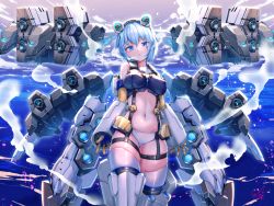 Rule 34 | 1girl, alice gear aegis, blue eyes, blue hair, blue shirt, breasts, commentary request, doyouwantto, covered erect nipples, large breasts, mecha musume, navel, nina kalinina, pants, shirt, shorts, signature, skindentation, solo, steam, white legwear, white pants
