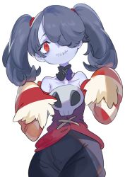 Rule 34 | 1girl, aano (10bit), bare shoulders, blue skin, colored skin, detached collar, detached sleeves, dress, female focus, hair over one eye, highres, looking at viewer, monster girl, red eyes, simple background, skullgirls, solo, squigly (skullgirls), stitched mouth, stitches, striped, striped sleeves, twintails, white background, zombie