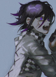 1boy black_hair checkered_clothes checkered_scarf commentary_request danganronpa_(series) danganronpa_v3:_killing_harmony fang grey_background grey_jacket hair_between_eyes highres jacket joh_pierrot long_sleeves looking_at_another looking_at_viewer male_focus medium_hair messy_hair open_mouth oma_kokichi purple_eyes purple_hair scarf simple_background solo_focus straitjacket teeth upper_body veins