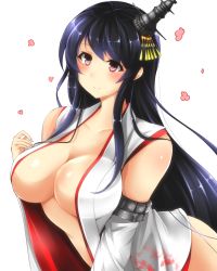 Rule 34 | 10s, 1girl, bare shoulders, black hair, breasts, detached sleeves, en (paorasuteki), female focus, fusou (kancolle), headgear, japanese clothes, kantai collection, large breasts, leaning forward, long hair, no bra, open clothes, red eyes, simple background, solo, standing, very long hair, white background
