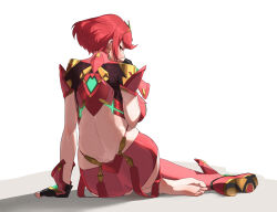 Rule 34 | 1girl, back, back focus, backboob, backless outfit, barefoot, breasts, earrings, feet, fingerless gloves, from behind, full body, gloves, hand on floor, highres, jewelry, large breasts, looking at viewer, looking back, monoi daru, on floor, pyra (xenoblade), red hair, shoes, short hair, shorts, simple background, single shoe, single thighhigh, sitting, soles, solo, sukai 222, thighhighs, tiara, toes, white background, xenoblade chronicles (series), xenoblade chronicles 2, yellow eyes