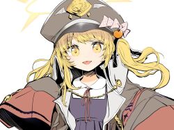 Rule 34 | 1girl, black coat, black hat, black ribbon, blonde hair, blue archive, blue dress, bow, coat, collared shirt, commentary, dress, hair ribbon, halo, hat, hat bow, highres, ibuki (blue archive), long hair, long sleeves, military hat, neck ribbon, one side up, open mouth, oversized clothes, peaked cap, pinafore dress, pink bow, pointy ears, red ribbon, ribbon, shirt, simple background, sleeveless, sleeveless dress, sleeves past fingers, sleeves past wrists, solo, straight-on, tamuhei (6nasiki), upper body, white background, white shirt, yellow eyes, yellow halo
