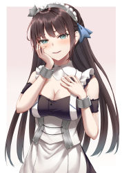Rule 34 | 1girl, aqua eyes, azur lane, blush, breasts, brown hair, cleavage, commission, hand on own chest, hand on own face, highres, long hair, looking at viewer, maid, maid headdress, medium breasts, naga (pixiv70891418), newcastle (azur lane), open mouth, pixiv commission, simple background, solo, upper body