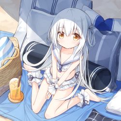 Rule 34 | 1girl, ankle cuffs, barefoot, beach, between legs, bikini, blue neckwear, blush, brown eyes, bunny girl (yuuhagi (amaretto-no-natsu)), closed mouth, cup, cushion, day, drinking glass, drinking straw, frilled bikini, frills, from above, hair between eyes, hair rings, hand between legs, ice, ice cube, long hair, looking at viewer, looking up, navel, original, outdoors, pillow, sailor bikini, sailor collar, sand, sitting, solo, striped pillow, swimsuit, very long hair, wariza, white bikini, white hair, white sailor collar, wrist cuffs, yuuhagi (amaretto-no-natsu)