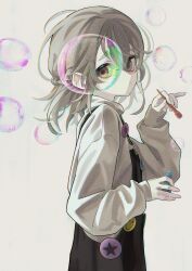 Rule 34 | 1girl, badge, black overalls, blowing bubbles, brown eyes, bubble, bubble pipe, button badge, grey hair, grey sweater, happa de happy, highres, looking at viewer, medium hair, original, overalls, solo, sweater, thick eyebrows, upper body