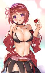 Rule 34 | 1girl, :d, bikini, bikini under clothes, black bikini, black thighhighs, blush, breasts, candy, chocolate, chocolate cosmos (flower knight girl), chocolate heart, choker, commission, detached sleeves, floral print, flower knight girl, food, hair ribbon, heart, holding, holding chocolate, holding food, large breasts, long sleeves, looking at viewer, mismatched bikini, navel, open mouth, pico (p i c o), pink bikini, purple eyes, red hair, ribbon, ribbon-trimmed sleeves, ribbon trim, short hair, skeb commission, smile, solo, stomach, swimsuit, thighhighs