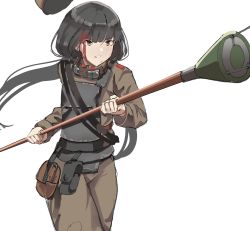 Rule 34 | 1girl, absurdres, armor, attack, belt, belt pouch, black hair, blood, blood on face, breastplate, brown eyes, brown hat, brown pants, clenched teeth, gar32, goggles, goggles around neck, hat, highres, holding, holding weapon, long hair, long sleeves, looking at viewer, low ponytail, lunge mine, military, military uniform, orange eyes, original, pants, ponytail, pouch, running, simple background, soldier, solo, standing, teeth, two-handed, uniform, unworn hat, unworn headwear, very long hair, weapon, white background