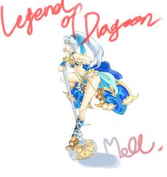 Rule 34 | 1girl, ass, bow, game console, hammer, highres, legs, long hair, meru (dragoon), navel, ponytail, red eyes, ribbon, silver hair, the legend of dragoon, weapon, wingly