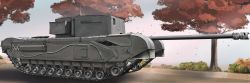 Rule 34 | artist request, bush, caterpillar tracks, churchill (tank), churchill gun carrier, commentary request, day, evening, highres, leaf, military, military vehicle, motor vehicle, no humans, road, tank, tank destroyer, tree, vehicle focus, wargaming japan, world of tanks