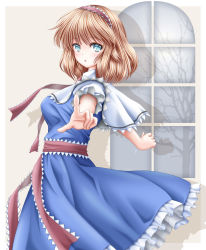 Rule 34 | 1girl, :o, akino irori, alice margatroid, arms up, bare tree, blonde hair, blue dress, blue eyes, breasts, capelet, commentary, cowboy shot, dress, drop shadow, from side, grey background, hairband, highres, lolita hairband, looking at viewer, medium breasts, petticoat, pointing, pointing at viewer, puffy short sleeves, puffy sleeves, sash, short hair, short sleeves, simple background, solo, standing, touhou, tree, white capelet, white sleeves, window