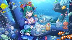 Rule 34 | 1girl, artist name, bare shoulders, bird, blue dress, blue eyes, blue hair, blue sleeves, blue thighhighs, blush, breasts, bubble, cake, christmas tree, cleavage, clothing cutout, clownfish, collarbone, commission, conch, coral, coral hair ornament, coral reef, cup, detached sleeves, dress, drinking glass, fish, food, frilled sleeves, frills, gem, gift, gradient dress, gradient hair, green dress, green hair, green nails, hat, highres, holding, holding cup, holding spoon, indie virtual youtuber, indoors, kelp, kompeitou (lemon garden), kumanomi (vtuber), looking at viewer, medium breasts, medium hair, multicolored hair, navel, navel cutout, octopus, open mouth, oyster, party hat, pearl (gemstone), penguin, scallop, school of fish, sea anemone, seal (animal), seaweed, sidelocks, sitting, skeb commission, solo, spoon, squid, starfish, table, teacup, teapot, thighhighs, tiered tray, tree, tropical fish, underwater, virtual youtuber, window