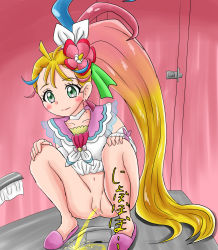 Rule 34 | 1girl, anus, bathroom, blonde hair, blue hair, blush, bow, breasts, censored, choker, clothes lift, collarbone, cure summer, door, dress, dress lift, earrings, fingerless gloves, flower, gloves, green eyes, hair bow, hair flower, hair ornament, hands on own knees, highres, jewelry, looking down, multicolored hair, natsuumi manatsu, navel, no panties, peeing, pink footwear, pink hair, ponytail, precure, pussy, side ponytail, sleeveless, sleeveless dress, slippers, small breasts, smile, squat toilet, squatting, toilet, toilet paper, toilet use, tropical-rouge! precure, umi (pixiv 998325), wall, white dress, white gloves