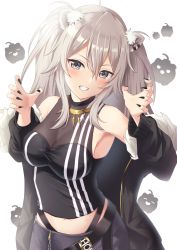 Rule 34 | 1girl, absurdres, ahoge, animal ears, bare shoulders, black jacket, black nails, black shirt, blush, breasts, claw pose, cleavage, contrapposto, crop top, ear piercing, fingernails, fur-trimmed jacket, fur trim, grey eyes, grey skirt, grin, hair between eyes, highres, hololive, jacket, jewelry, lion ears, lion girl, long fingernails, long hair, looking at viewer, medium breasts, messy hair, nail polish, navel, necklace, oku 1225, piercing, see-through, see-through cleavage, shirt, shishiro botan, shishiro botan (1st costume), sidelocks, silver hair, skin tight, skirt, sleeveless, sleeveless shirt, smile, solo, two side up, v-shaped eyebrows, virtual youtuber, zipper skirt