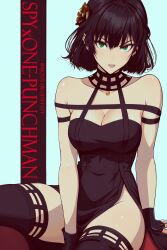 Rule 34 | 1girl, absurdres, arm support, bare shoulders, between legs, black dress, black gloves, black hair, black thighhighs, breasts, cleavage, commentary, copyright name, cosplay, dress, english commentary, fingerless gloves, flower, fubuki (one-punch man), gloves, green eyes, hair flower, hair ornament, hand between legs, hayami saori, highres, large breasts, light blush, looking at viewer, mostlybluewyatt, one-punch man, parted lips, short hair, side slit, sitting, solo, spy x family, teeth, thighhighs, twitter username, v-shaped eyebrows, voice actor connection, yellow flower, yor briar, yor briar (cosplay)