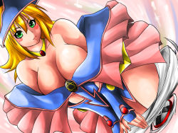 Rule 34 | 1girl, bare shoulders, blonde hair, blush stickers, breasts, cleavage, dark magician girl, duel monster, female focus, green eyes, happy, isna (footprintsofisna), jewelry, large breasts, lips, neck ring, no bra, solo, yu-gi-oh!