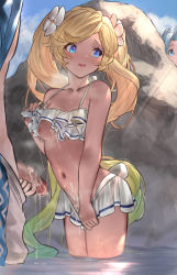 Rule 34 | 1boy, 2girls, betabeet, bikini, bikini skirt, bikini top lift, blonde hair, blue eyes, blue hair, blush, breasts, censored, clothes lift, commentary, cum, cum on body, cum on clothes, cum on stomach, cum string, day, flower, gradient hair, granblue fantasy, hair flower, hair ornament, hetero, highres, io (granblue fantasy), io (summer) (granblue fantasy), long hair, looking at another, lyria (granblue fantasy), mosaic censoring, multicolored hair, multiple girls, navel, nipples, open mouth, outdoors, penis, small breasts, solo focus, swept bangs, swimsuit, symbol-shaped pupils, twintails, very long hair, wading, water