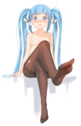 Rule 34 | 1girl, :o, alternate costume, bad id, bad pixiv id, black pantyhose, blue eyes, blue hair, blunt bangs, blush, breasts, breath, clenched hand, crossed legs, embarrassed, feet, full body, highres, knee up, long hair, looking at viewer, matching hair/eyes, nipples, no shoes, nose blush, nymph (sora no otoshimono), outstretched leg, pantyhose, pokan (xz1128), raised eyebrows, robot ears, sidelocks, simple background, sitting, small breasts, soles, solo, sora no otoshimono, tears, thighband pantyhose, toes, topless, twintails, very long hair, white background