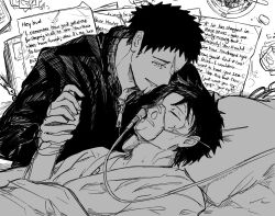 Rule 34 | 2boys, alternate universe, ashtray, black hair, blanket, cigarette, closed eyes, facial hair, father and son, greyscale, highres, holding hands, hospital gown, kagurabachi, katsutacle, letter, looking at another, male focus, monochrome, multiple boys, parted lips, respirator, rokuhira chihiro, rokuhira kunishige, scar, unconscious, under covers, upper body, zipper pull tab