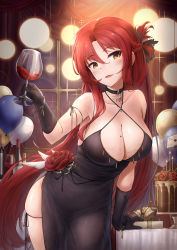Rule 34 | 1girl, :d, alcohol, balloon, black choker, black dress, black gloves, bottle, breasts, cake, choker, cleavage, cup, dress, drinking glass, flower, food, gloves, highres, honkai (series), honkai impact 3rd, large breasts, mole, mole on breast, murata himeko, open mouth, red flower, red hair, red rose, rose, sleeveless, sleeveless dress, smile, solo, table, wine, wine bottle, wine glass, xfate, yellow eyes