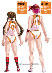 Rule 34 | 2girls, ass, bandana, bow, brown hair, character request, character sheet, choker, dimples of venus, from behind, full body, ge xi, hair bow, height difference, highres, kneehighs, kneepits, leotard, long hair, measurements, multiple girls, original, pink hair, rabbit tail, shoes, short hair, sneakers, socks, striped clothes, striped legwear, striped socks, tail, translation request, trefoil, twintails, watermark, web address