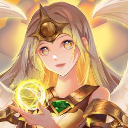 Rule 34 | 1girl, armor, artist name, bare shoulders, blue eyes, closed mouth, commentary request, gem, gold armor, hand up, highres, kayle (league of legends), league of legends, long hair, magic, multicolored eyes, orange eyes, portrait, smile, solo, wing (39 miku831), wings