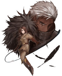 Rule 34 | 1boy, 1girl, absurdres, boots, brown eyes, brown hair, choker, covered mouth, dark skin, feathers, food fighter 441, full body, gloves, highres, jacket, jewelry, krizalid, military, military uniform, short hair, snk, the king of fighters, uniform, whip, whip (kof), white hair