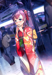 Rule 34 | 1girl, 2boys, blue eyes, blurry, blush, brown hair, commentary request, covered mouth, depth of field, dutch angle, faceless, faceless male, fingers together, floral print, flower, furisode, hair flower, hair ornament, highres, japanese clothes, kanzashi, kimono, kinchaku, long hair, multiple boys, original, orihi chihiro, outdoors, own hands together, pouch, red flower, red kimono, shade, solo focus, standing, tile floor, tiles, train, train station, tsumami kanzashi, waiting, white flower