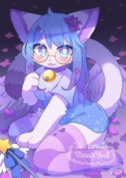 Rule 34 | 1girl, :3, absurdres, ahoge, animal ears, animal hands, animal nose, artist name, bell, beru (kuro kemo28), blue eyes, blue hair, blue shirt, blurry, blurry background, blush, body fur, breasts, bright pupils, cat ears, cat girl, cat tail, collar, commission, crescent, english text, fang, feathered wings, female focus, flower, full body, furry, furry female, glasses, gradient background, gradient hair, hair flower, hair ornament, hand up, happy, highres, jingle bell, long hair, looking up, medium breasts, multicolored hair, neck bell, open mouth, original, pince-nez, purple background, purple flower, purple hair, purple thighhighs, round eyewear, shirt, short sleeves, sidelocks, signature, sitting, skeb commission, skin fang, smile, solo, star (symbol), striped clothes, striped thighhighs, tail, thank you, thighhighs, two-tone hair, wand, wariza, whiskers, white fur, white pupils, white wings, wings, yellow-framed eyewear