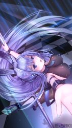 Rule 34 | 1girl, absurdly long hair, anchor ornament, animal ears, arm strap, artist name, ass, azur lane, black footwear, black leotard, blue eyes, blue hair, bodystocking, breasts, checkered floor, cleavage, detached collar, ex saki, fake animal ears, full body, high heels, highres, impossible clothes, large breasts, leotard, long hair, nail polish, necktie, new jersey (azur lane), new jersey (exhilarating steps!) (azur lane), nightclub, official alternate costume, playboy bunny, pole, pole dancing, rabbit ears, see-through, see-through cleavage, short necktie, skin tight, solo, strapless, strapless leotard, stripper, stripper pole, very long hair