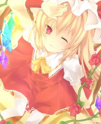 Rule 34 | 1girl, ascot, ayuteisyoku, blonde hair, female focus, flandre scarlet, flower, hat, highres, one eye closed, red eyes, red flower, red rose, rose, solo, thighhighs, touhou, white thighhighs, wink, zettai ryouiki
