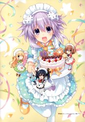 Rule 34 | &gt;:d, 10s, 4girls, :d, ;), absurdres, alternate costume, anniversary, apron, black dress, black hair, blanc (neptunia), blonde hair, blue dress, blue eyes, blue hair, boots, bow, braid, brown hair, cake, character name, chibi, confetti, d-pad, dogoo, dress, female focus, food, frilled apron, frills, fruit, green dress, hair ornament, hair ribbon, head tilt, heart, highres, holding, holding plate, long hair, looking at viewer, maid headdress, mary janes, multiple girls, neptune (neptunia), neptune (series), noire (neptunia), official art, one eye closed, open mouth, outstretched arm, pantyhose, pastry bag, plate, polka dot, polka dot dress, puffy short sleeves, puffy sleeves, purple eyes, purple hair, red dress, red eyes, ribbon, shoes, short hair, short sleeves, smile, standing, standing on one leg, star (symbol), star print, strawberry, streamers, striped clothes, striped dress, tsunako, twintails, v-shaped eyebrows, vert (neptunia), very long hair, waist apron, white legwear, yellow background, yellow bow, yellow ribbon