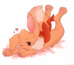 Rule 34 | :3, ancesra, animal focus, artist name, bed sheet, blush, bow, brown eyes, creatures (company), eevee, fang, feet up, fluffy, full body, game freak, gen 1 pokemon, happy, highres, looking at viewer, lying, neck fur, nintendo, no humans, nose blush, on stomach, one eye closed, open mouth, outstretched arms, patreon username, pawpads, pokemon, pokemon (creature), red bow, simple background, smile, solo, tail, tail bow, tail ornament, watermark, web address, white background, wink