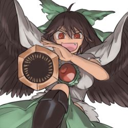 Rule 34 | 1girl, :d, aiming, aiming at viewer, alternate breast size, arm cannon, bird wings, black hair, black wings, bow, breasts, bright pupils, fang, feathered wings, green bow, green skirt, hair between eyes, hair bow, long hair, looking at viewer, medium breasts, megame (okbnkn), open mouth, red eyes, red pupils, reiuji utsuho, shirt, short sleeves, simple background, skirt, smile, solo, third eye, touhou, uneven eyes, v-shaped eyebrows, weapon, white background, white shirt, wings